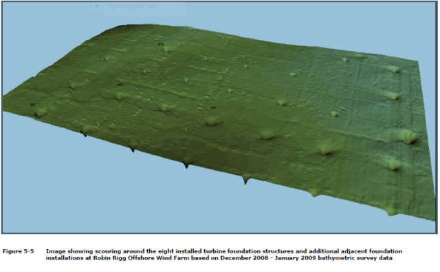 A 3D image of the scour-pits around the bases of the Robin Rigg piles (see COWRIE report for details of the bathymetry)