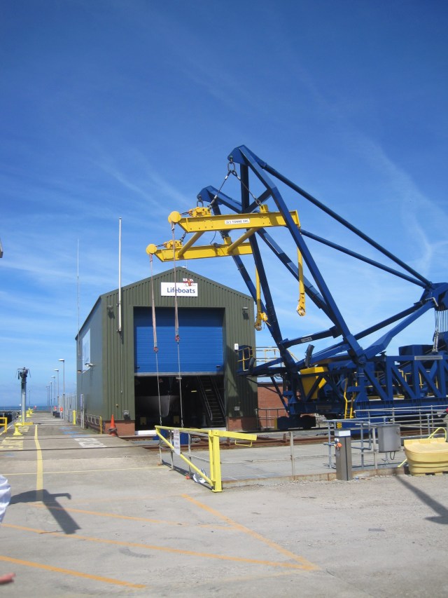 The davit for lifting the lifeboat into the sea at the RNLI station, Port of Workington
